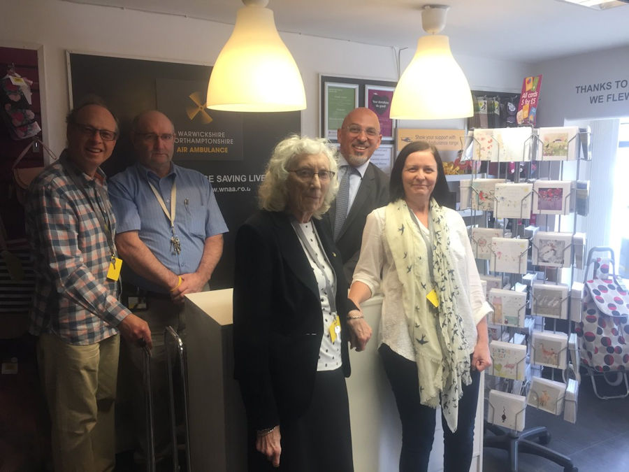 Nadhim Zahawi meets Stratford’s Air Ambulance volunteers at the shop in Greenhill Street.